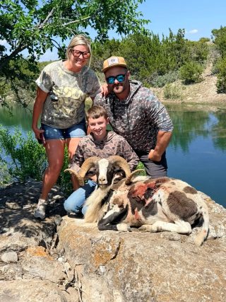 Mother, father, and son with a trophy Desert Paint Ram taken at BarBell Ranch in Sweetwater, TX.