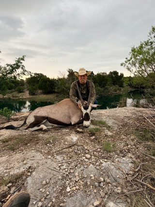 A hunter with his trophy gemsbok taken at BarBell Ranch in Sweetwater, TX.
