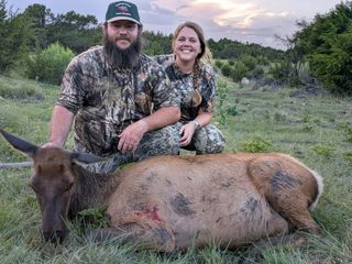 Hunters with their harvested meat hunt elk cow from BarBell Ranch in Sweetwater, TX.