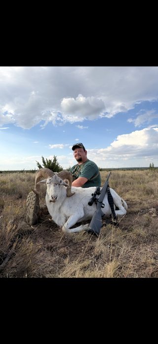 Hunter with a harvested Texas Dall Sheep at BarBell Ranch in Sweetwater, TX.